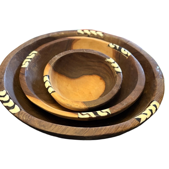 Other - Artisan Crafted Wild Olive Wooden Bowl Set with Batik Bone Inlay Accents
